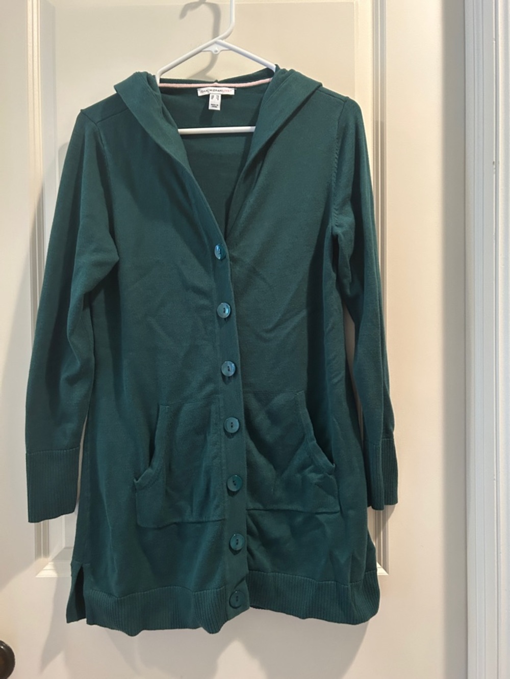 Isaac Mizrahi Live Teal Knit Hooded Button-Front Cardigan front pocket size XS